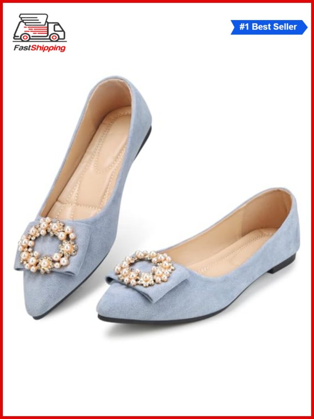 Faux Suede Pointed Toe Pearl Flats Comfort Non-Slip Sole Wedding Guest Office